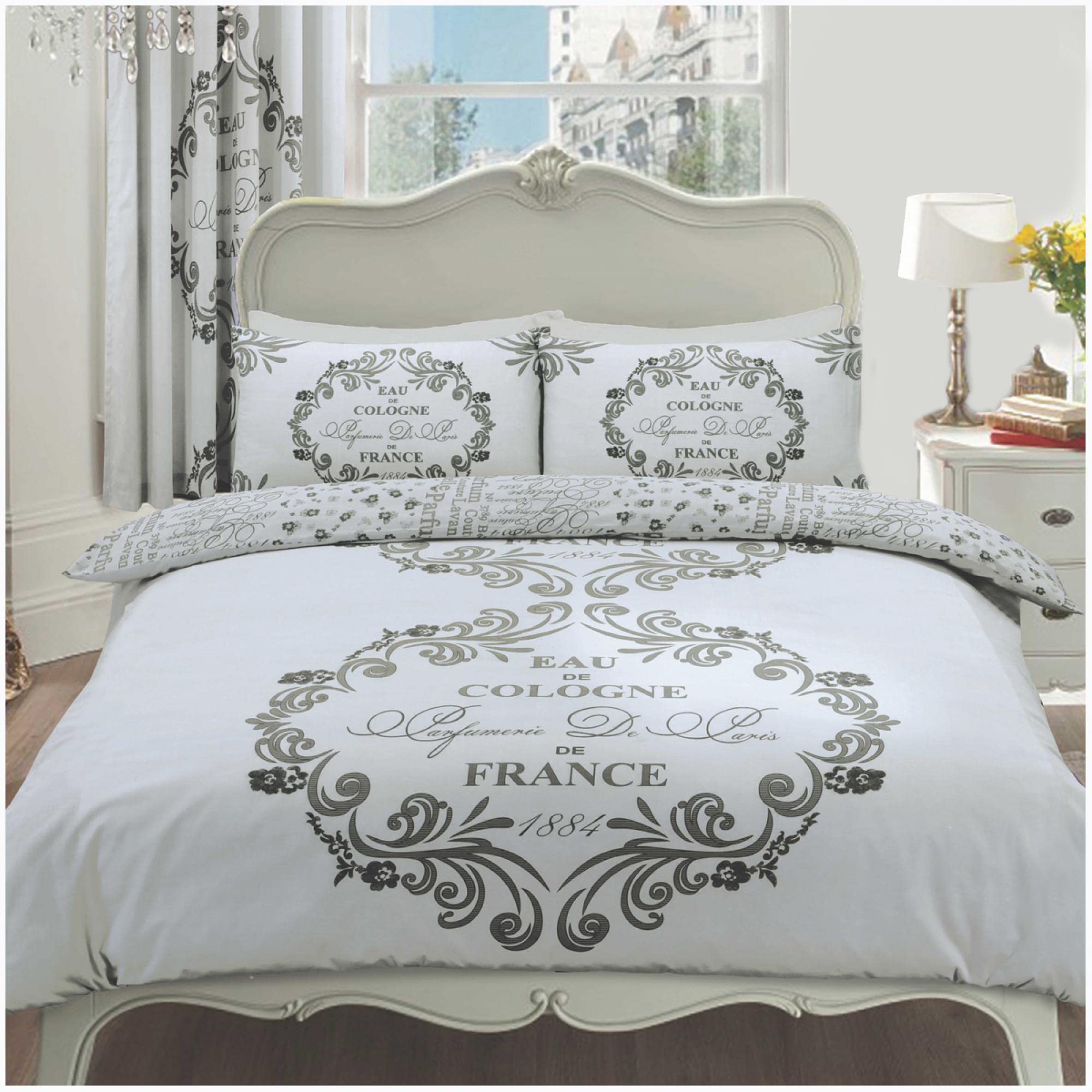 GC GAVENO CAVAILIA Printed Duvet Cover Sets, Reversible Bedding Bed Set, Polycotton Quilt Covers, Script Silver, Double