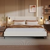 Merax King Boucle Platform Bed with Integrated Lights and Shelves, White | Upholstered Bed Frame with Iron Legs and Built-In Storage Features for Teens and Adults