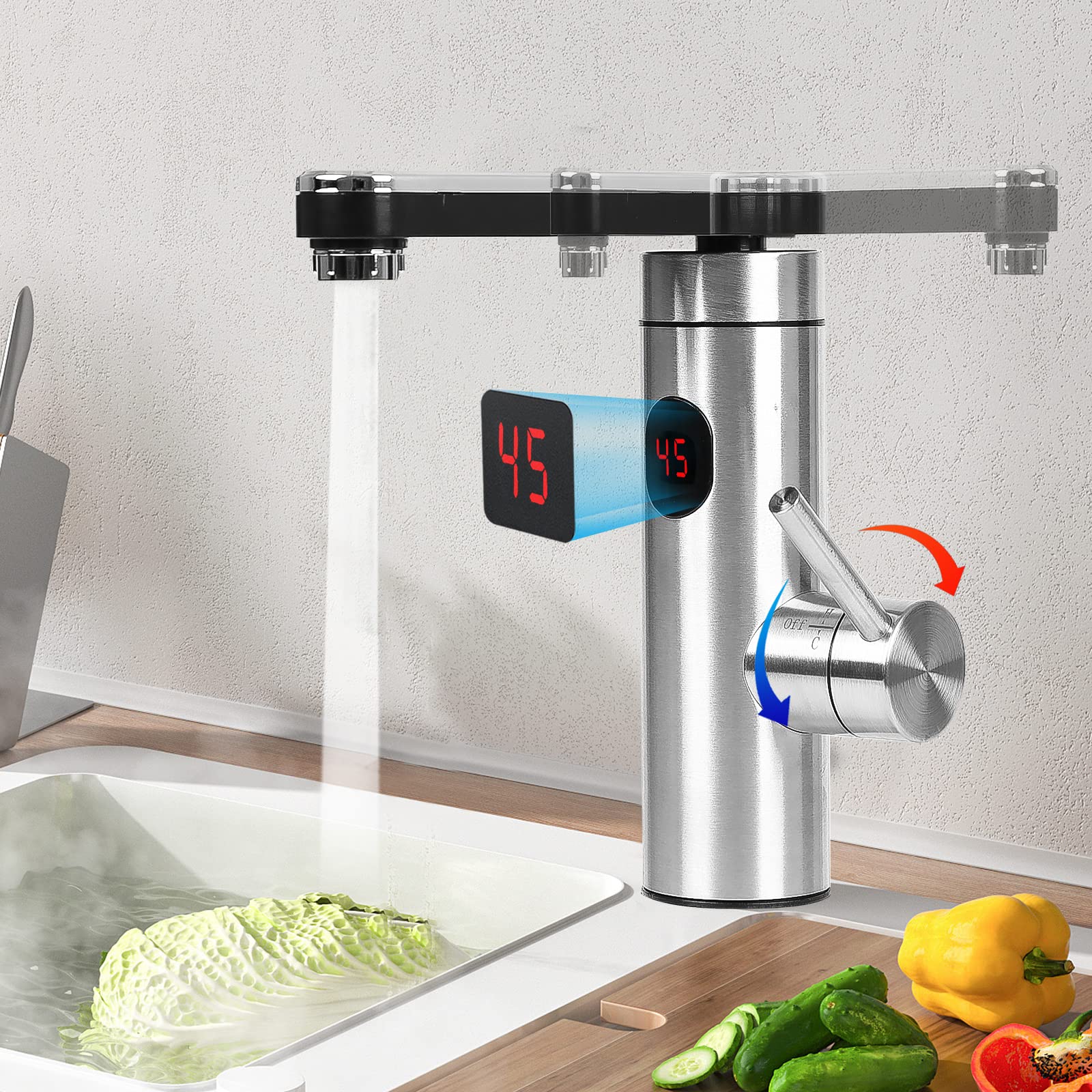 EUNEWR Instant Heating Faucet,3300W Tankless Quick Hot Tap with LED Digital Display,360º Swivel 304 Stainless Steel Heating Tube Electric Hot and Cold Water Heater Mixer Faucet with 1/2 Inch Hoses