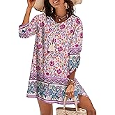 Zeagoo Womens Boho Dresses Casual Beach Summer Dress Tassel Tie Neck 3/4 Long Sleeve Mini Sundress 2025 Floral Print Cover Up