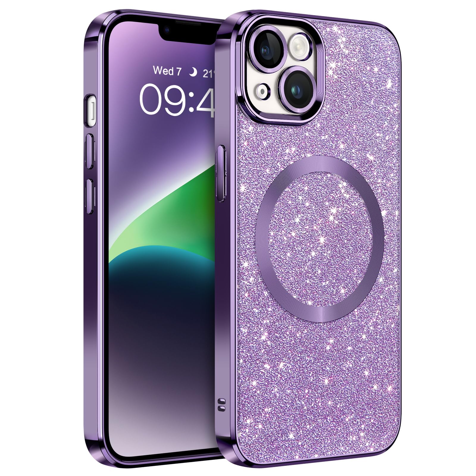 DOMAVER for iPhone 14 Case with Magnetic [Compatible with MagSafe] Luxury Clear Glitter Bling Shockproof Protective Cover Full Camera Lens Protector Women Girls- Purple