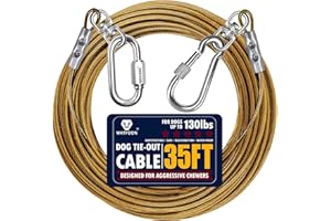 WATFOON Dog Leads for Yard 35ft 45ft 55ft 65ft 75ft 85ft Dog Tie Out Cable Runner Steel Tieout Heavy Duty Tether Chew Proof Long Dog Chains for Outside, Camping, Park (Khaki, 35ft)