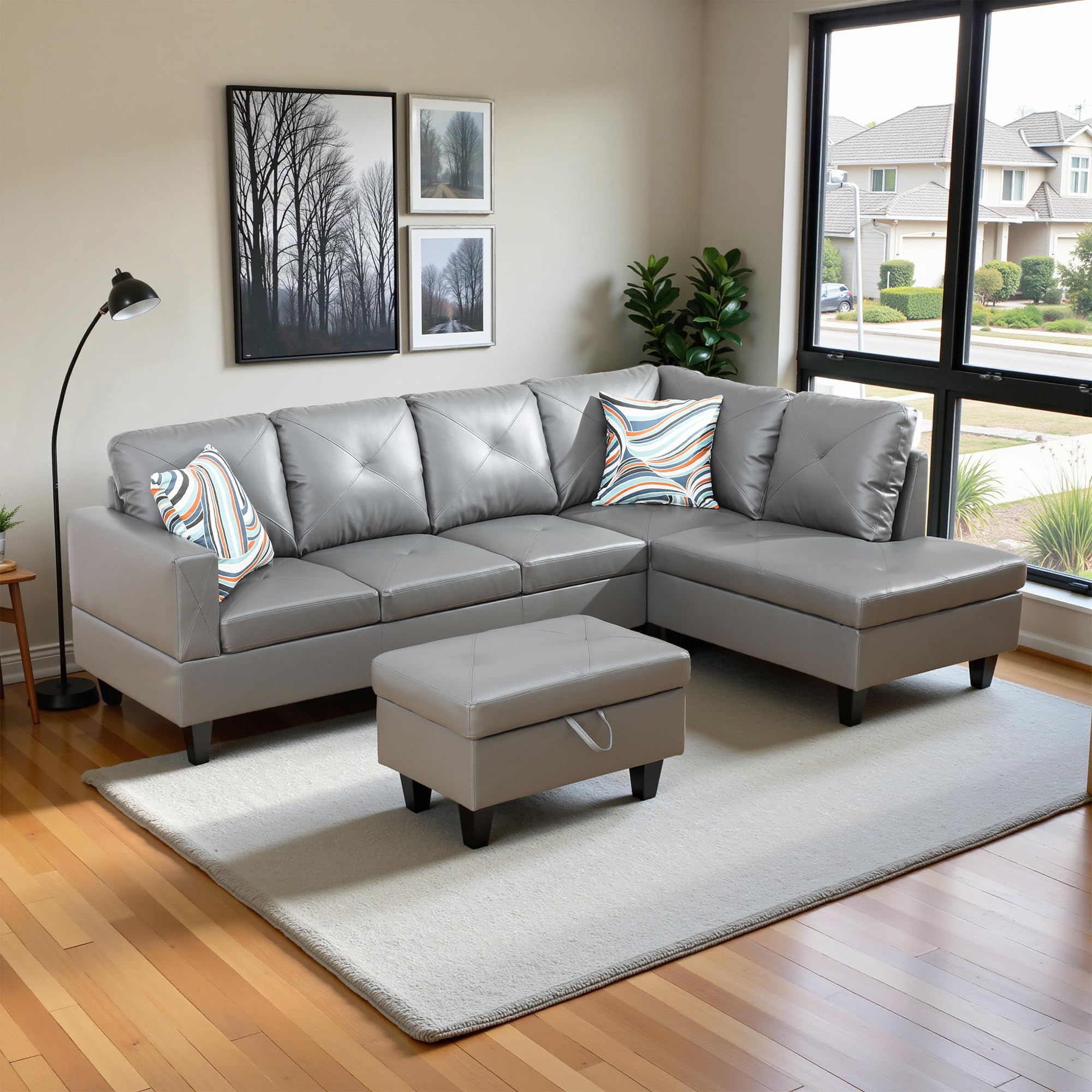 Photo 1 of ** USED ** Osparple Sofas for Living Room Faux Leather L Shaped Sectional Couch 3 Pieces Small Sectional Sofa Set with Chaise, Ottoman with Storage for Small Apartment, Study, Home Office, Dark Gray