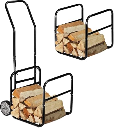 Relaxdays Firewood Cart Trolley Rack Steel 45kg Black Indoor Outdoor Transport