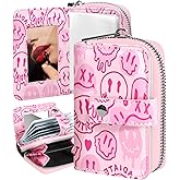 Bistup Credit Card Holder Wallet for Women Ladies Cute Small Teen Girls Female Rfid Leather Cardholder Wallets Organizer Purse Smile Girly Aesthetic Print Unique Zipper