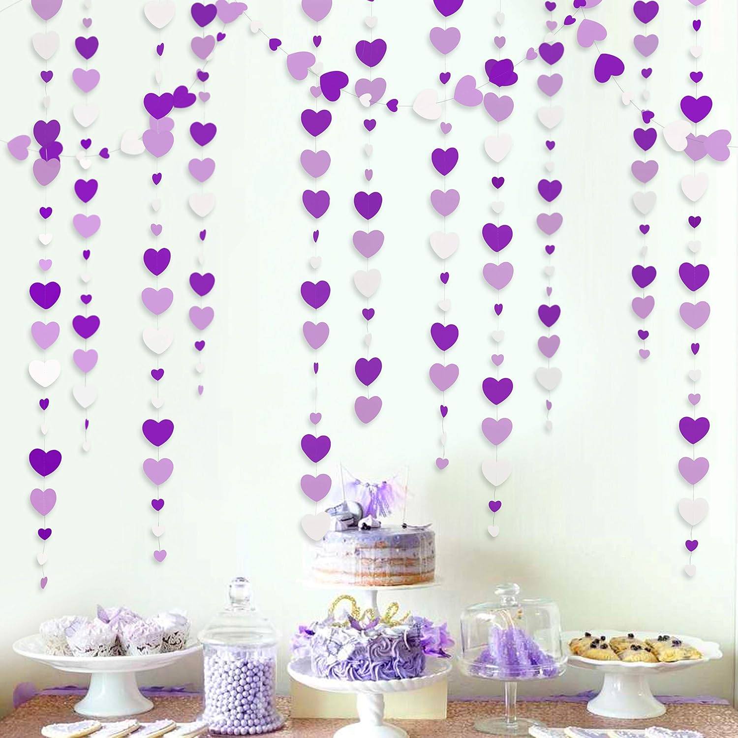 52 Ft Purple and White Love Heart Garland Lavender Hanging Paper Streamer Banner for Anniversary Mother's Day Birthday Engagement Wedding Baby Bridal Shower Valentine Day Party Decorations Supplies