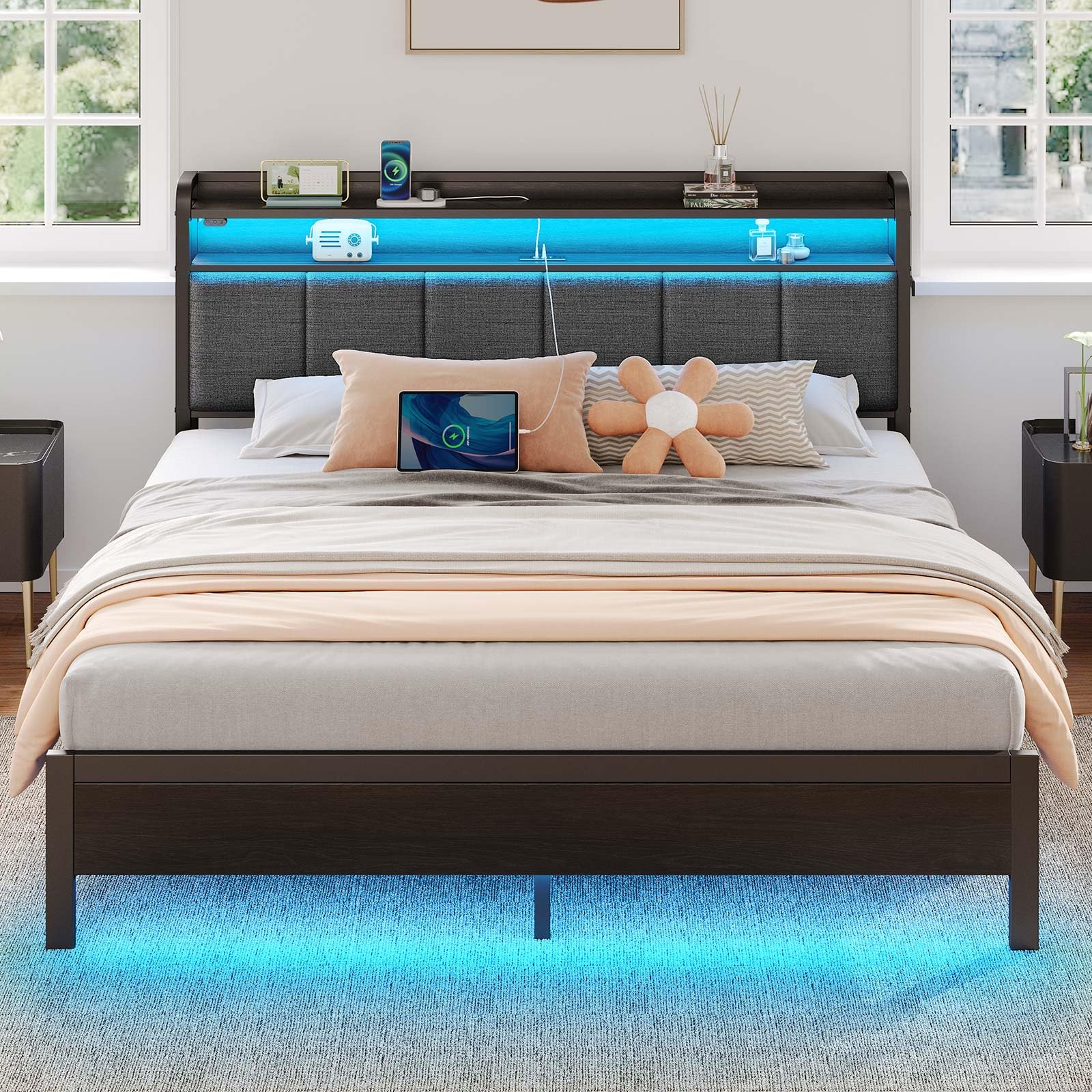 Rolanstar Bed Frame King Size with Charging Station and LED Lights, Upholstered Headboard with Storage Shelves, Heavy Duty Metal Slats, No Box Spring Need, Noise Free, Easy Assembly, Grey Image