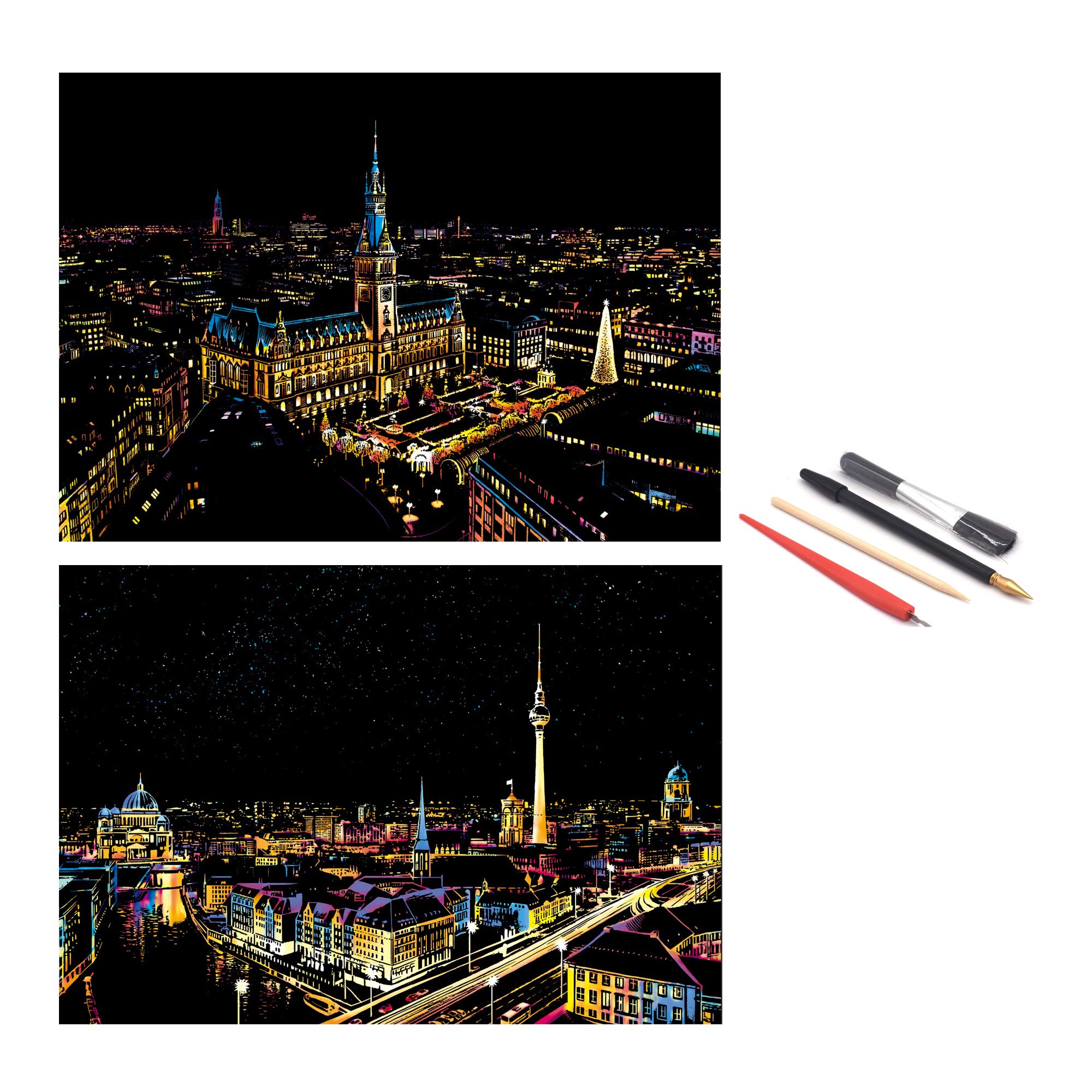 SiYear Scratch Paper Rainbow Painting Sketch, City Series Night Scene,Scratch Painting Creative Gift,Scratchboard for Adult with 4 Tools — image 1