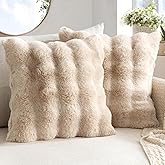 MIULEE Faux Fur Pillow Covers Thick Soft Plush Throw Pillows Luxury Spring Home Decor for Couch Bed Bedroom Living Room Sofa,18x18 Inch Pack of 2 Khaki
