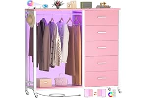 Cyclysio Dresser for Bedroom with Clothes Rack, 5 Drawers Dresser with Charging Station & LED Lights, Black Storage Chest of Drawers with Wheels, Wooden Top, Lockable Wheels, Bedroom, Closet, Pink