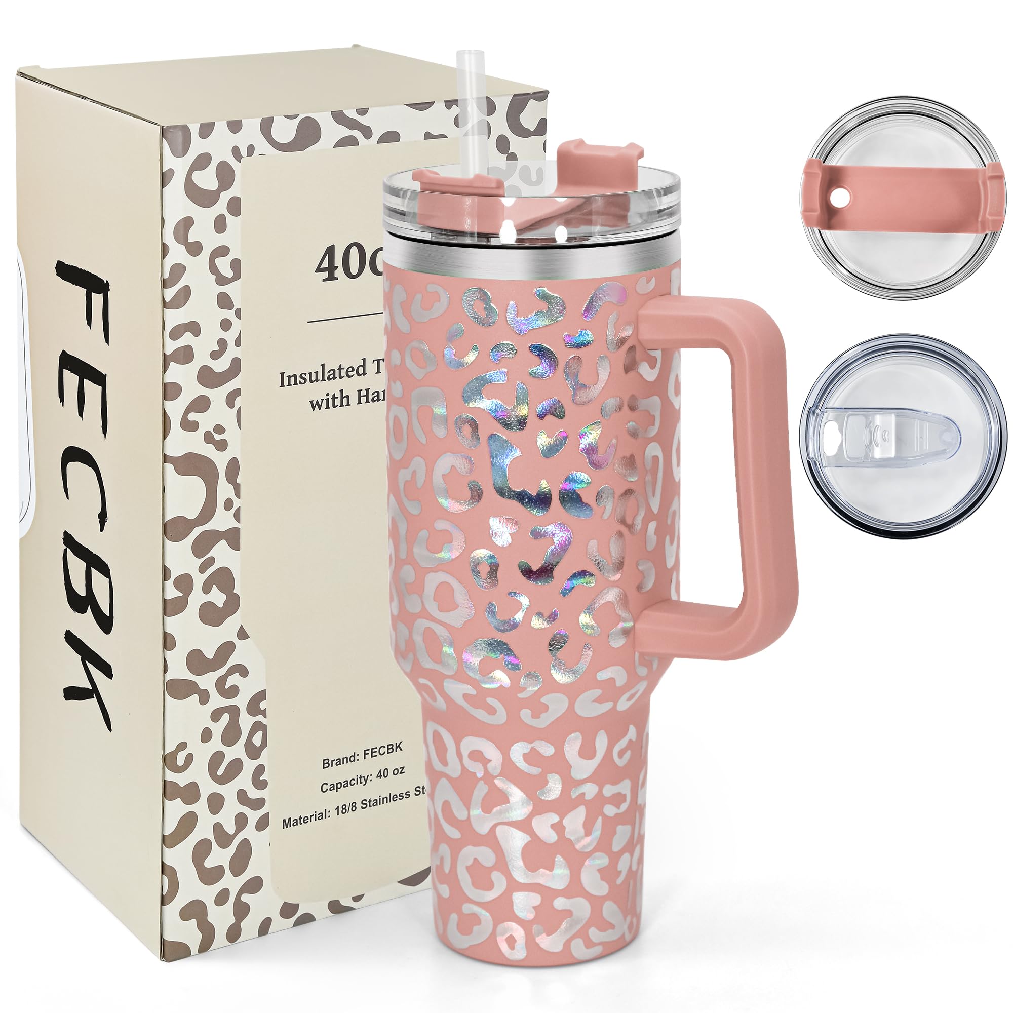 FECBK 40oz Tumbler with Straw and Lid 1.2L, 100% Leak-Proof Travel Mug with Handle, Stainless Steel Vacuum Insulated Water Bottle Coffee Cup Keeps Cold 34H / Hot 12H, Canyon Clay Leopard