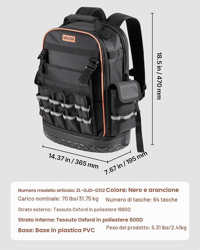 Zaino Portautensili, 64 Tasche, per Attrezzi Pesanti, Zaino da Lavoro con Scomparto per Laptop e Base Sagomata, Borsa da Cantiere per Elettricisti, Riparatori e Tecnici HVAC Nero