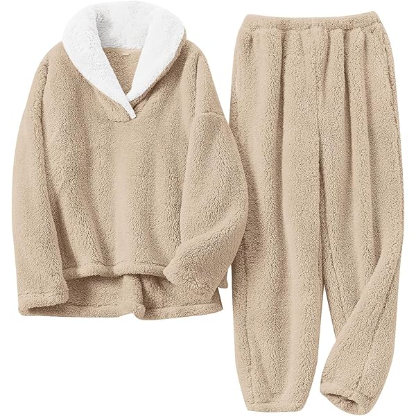 トップス andwang Fluffy Fleece set beige Muchpow Womens Fluffy Pajamas Set Winter Warm Fleece Oversized
