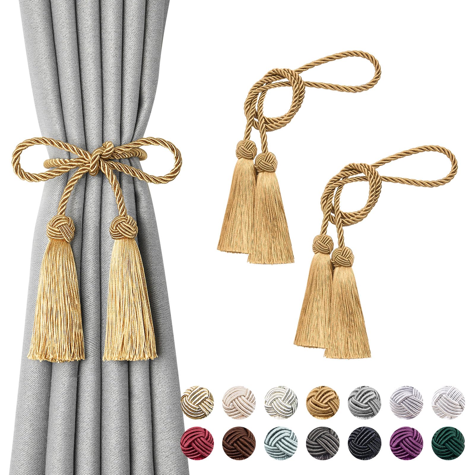 Pretty Jolly 2 Pack Double-ended Tassel Curtain Tiebacks Handmade Braided Rope Knot Drape Tie Backs European Style Decorative Curtain Holdbacks for Home & Office Window Drapery (Bronze)