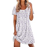 Ekouaer Nightgowns for Women Pleated Sleep Shirts Short Sleeve Night Shirts Lace Trim Night Gown Ladies Sleep Dress