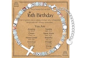 WIKHIA Happy 10th 13th 16th 18th 21st Birthday Gifts for Girls- Adjustable Stainless Steel Christian Cross Beaded Bracelet, 10 13 16 18 21 Year Old Birthday Gift Ideas