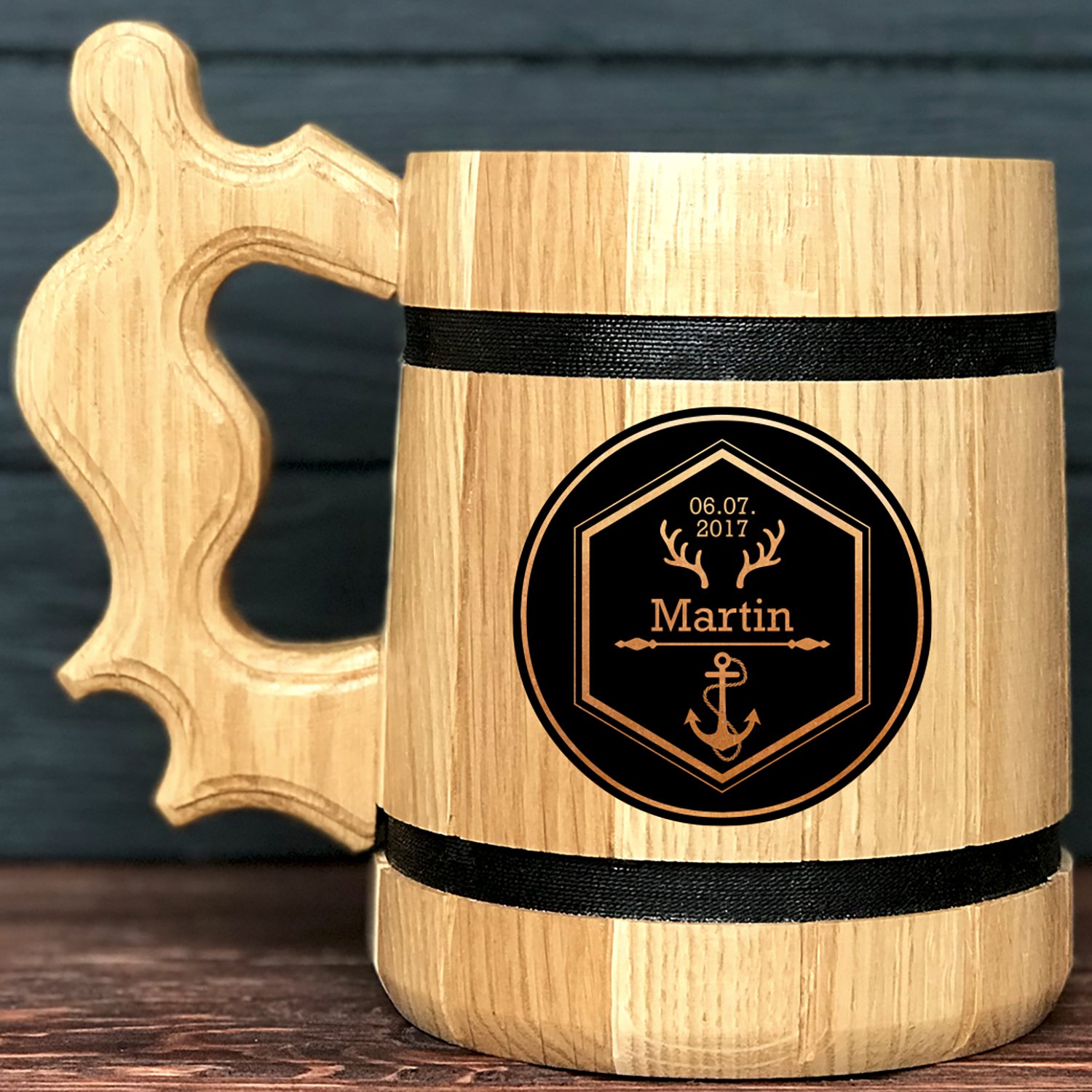 Wooden Beer Mug. Anchor Personalized Gift for Groomsman
