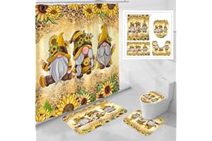 Litabel 4 Pcs Sunflower Gnomes Shower Curtain Set with Non-Slip Rugs, Toilet Lid Cover and Bath Mat, Farmhouse Country Bathroom Decor Set with Shower Curtain and Rugs(Hooks Not Included)