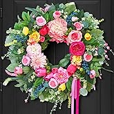 24 Inch Spring Wreath for Front Door - Pink & Yellow Spring Wreath with Dahlias,Peony,Tulips and Roses, Farmhouse Garden Decor for Spring and Summer, Indoor and Outdoor Wreaths for Front Door