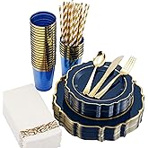 ISFANGCO 200 PCS Premium Blue Plastic Plates for 25 Guests, Heavy Duty Blue and Gold Disposable Plate, include 25 Plastic Dinner/Dessert Plates, 75 Silverware Set, 25 Cups, Straws for Party Christmas