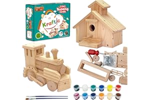 Kraftic Woodworking Building Kit for Kids and Adults, 2 Educational DIY Carpentry Construction Wood Model Kit Toy Projects for Boys and Girls - Build a Wooden Town Hall Birdhouse and Train