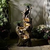 Sunlinua Water Fountain Outdoor, 5-Tier Cascading Realistic Tree Waterfall | Warm Golden Glow, Relaxing Water Sounds, Large-Capacity Reservoir &amp; Weather-Resistant Resin Fountain for Garden, Patio, Porch