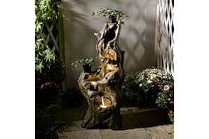 Sunlinua Water Fountain Outdoor 5-Tiers Large Cascading Realistic Tree Trunk Natural Waterfall Outdoor Fountain Resin Imitation Wood with LED Lights for Garden, Patio, Porch