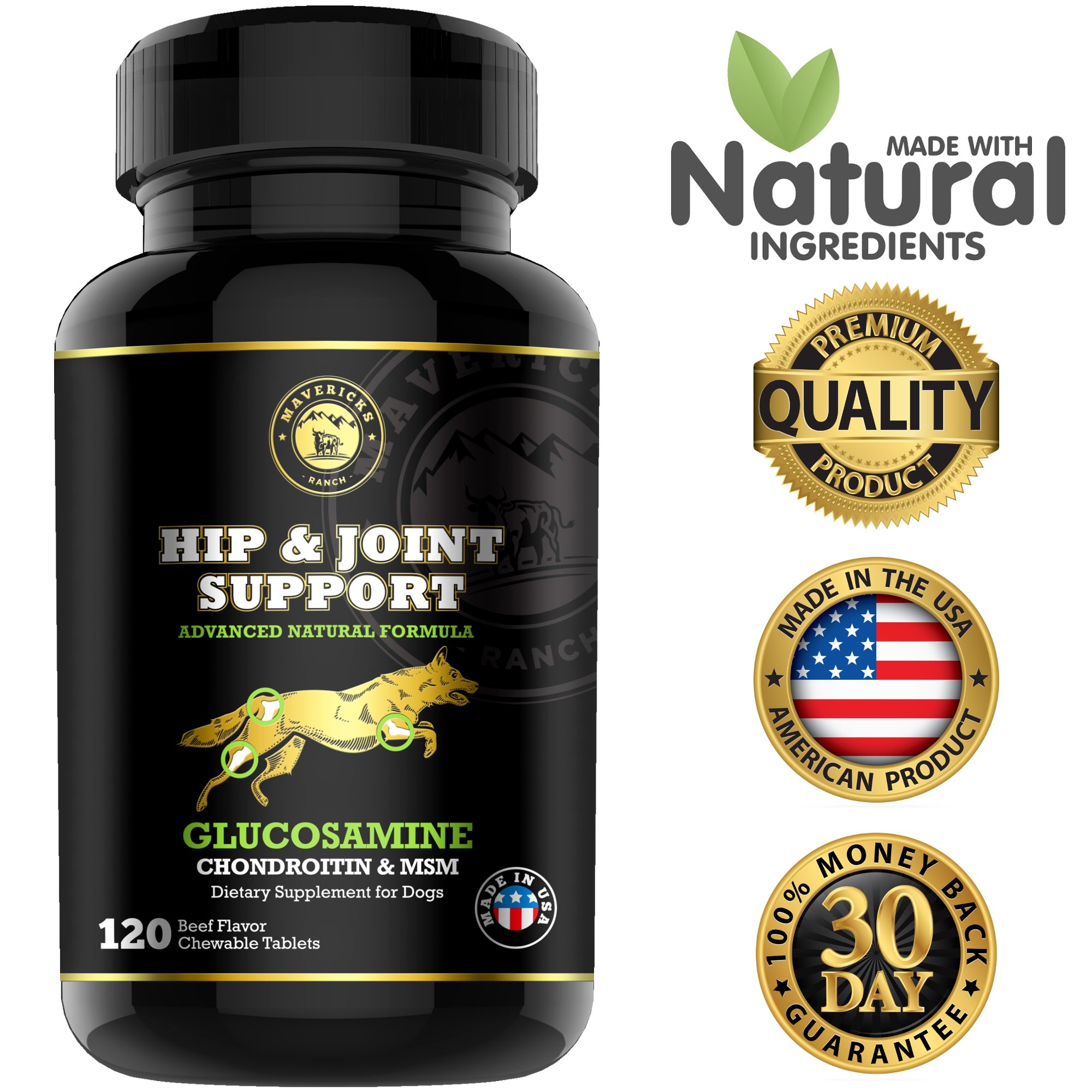 Mavericks Ranch Hip and Joint Supplement For Dogs | Best Canine Glucosamine Chondroitin, MSM & Vitamins C & E | 30-120 Day Support | 100% Natural & Made In USA | FDA | Chews Treats