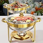 Chafing Dishes for Buffet Set 2 Pack, 5QT Round Dish Buffet Servers and Warmers with Glass Lid High Grade Stainless Steel Food Warmers for Parties, Christmas Gatherings, Weddings, Catering, Gold