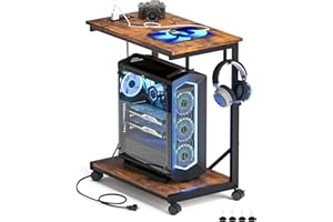 Akxomel 25.2"W Gaming PC Stand, 25.2"- 29.9" H Adjustable Large Computer Tower Stand with Charging Station, Mobile Rolling PC Cart for Floor with Hooks, CPU Holder for Office, Rustic Brown