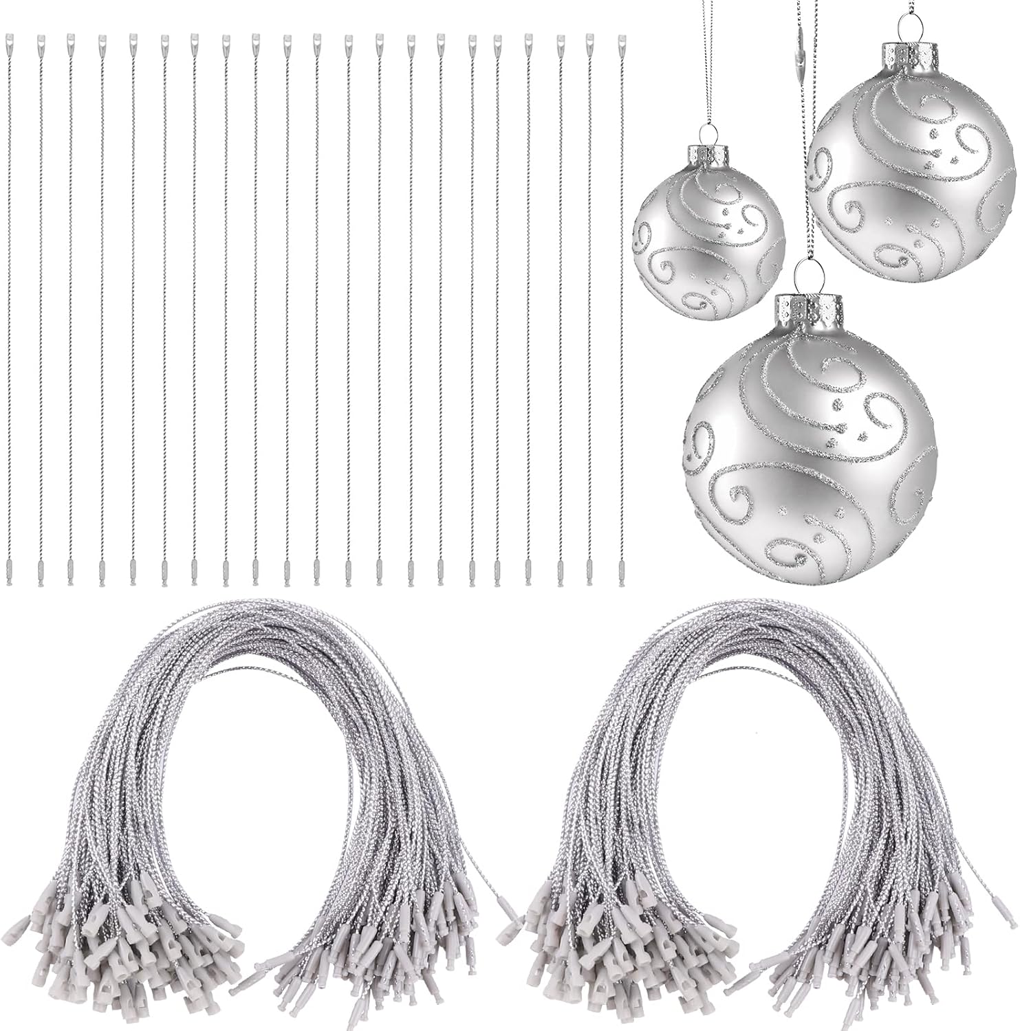 Ornament Hooks - XIMISHOP 200PCS Sliver Christmas Ornament Hangers String, Christmas Ribbon Ornament Hook Ropes Hanging String Precut with Snaps Locking for Xmas Tree Ornament Decorations