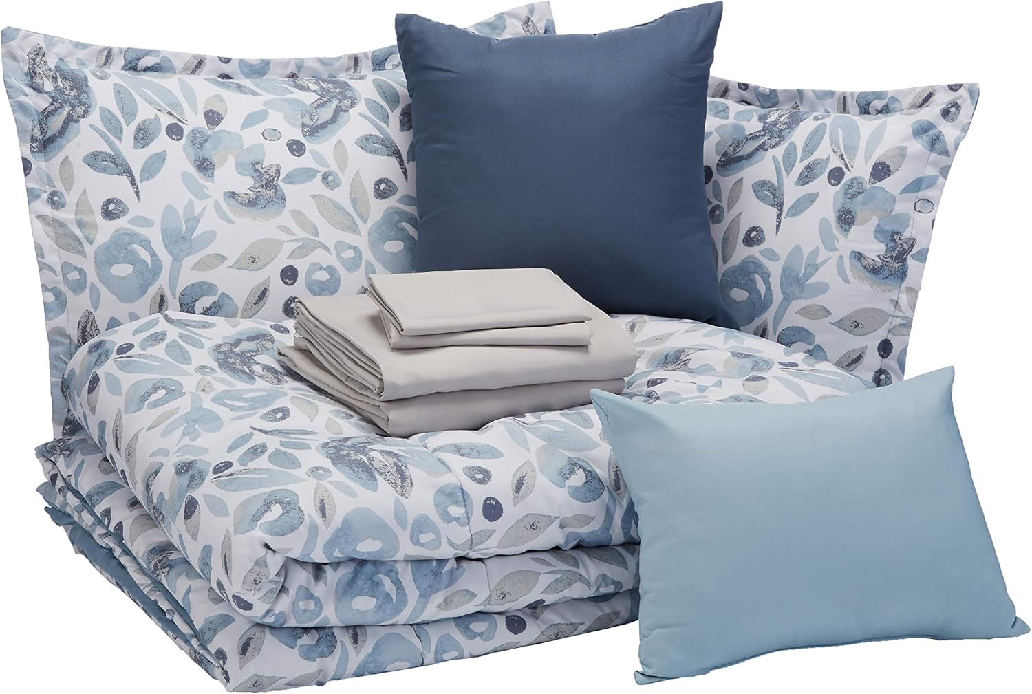 Basics 10-Piece Comforter Bedding Set, Full / Queen, Blue Watercolor Floral, Microfiber, Ultra-Soft: Home & Kitchen