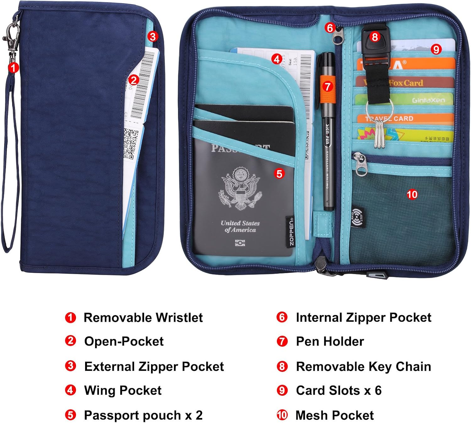  | Zoppen RFID Travel Passport Wallet & Documents Organizer Zipper Case with Removable Wristlet Strap, Royal Blue | Passport Wallets