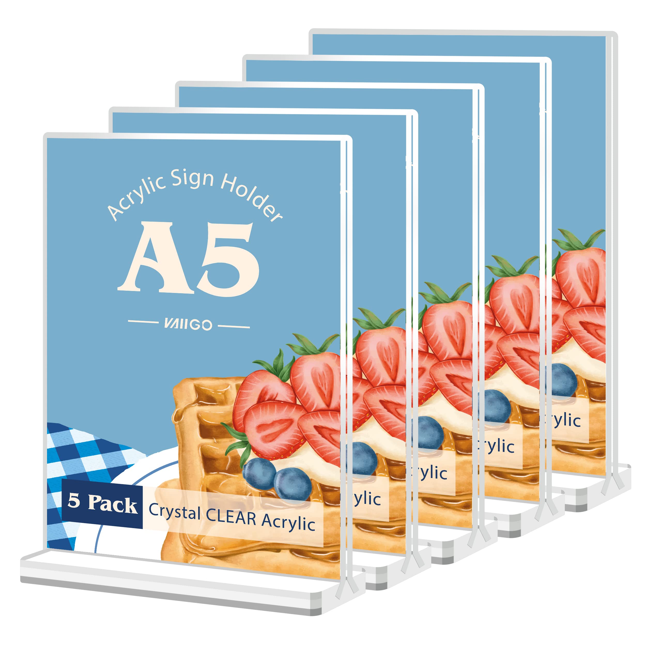 VAIIGO A5 Acrylic Sign Stand, T-Shape Poster Menu Holder - Double-Sided Display Stand for Restaurant, Hotel, Office, Wedding, Menu, Picture, Document, Promotion (White/5Pack)