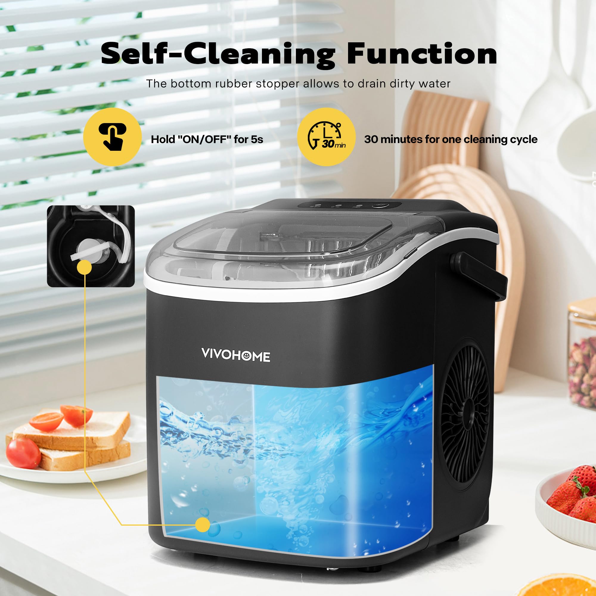 VIVOHOME Countertop Ice Maker with Handle 26lbs/Day 9 Ice Cubes in 6 Mins Portable Ice Maker Machine 10 Ice Bags and Self Cleaning Ice Cube Maker Black