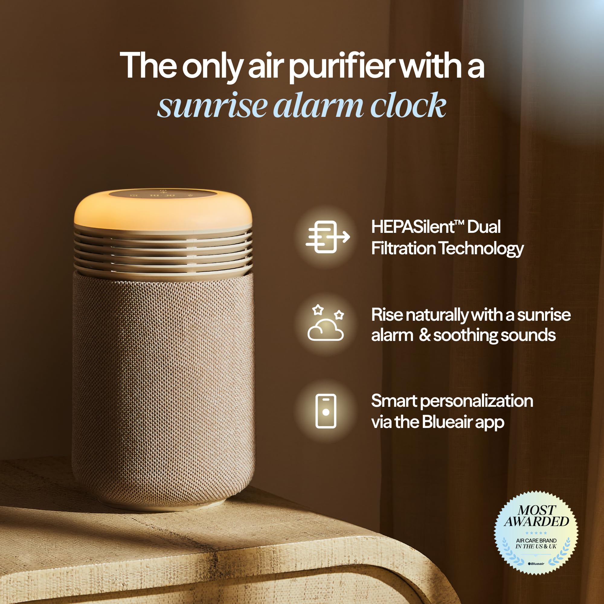 BLUEAIR Purifier for Bedroom - Mini Restful - Sunrise Clock with HEPASilent Filtration and Wake Up Light - Cleans Air and Supports Circadian Rhythm - USB-C and App Connectivity