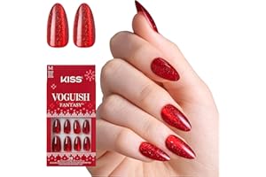 KISS Voguish Fantasy Holiday Press On Nails Almond, ‘Carol for You’, Red, Medium, No Damage To Natural Nails, Pink Gel Nail Glue (2g), Mini Nail File, Manicure Stick, & 28 Fake Nails