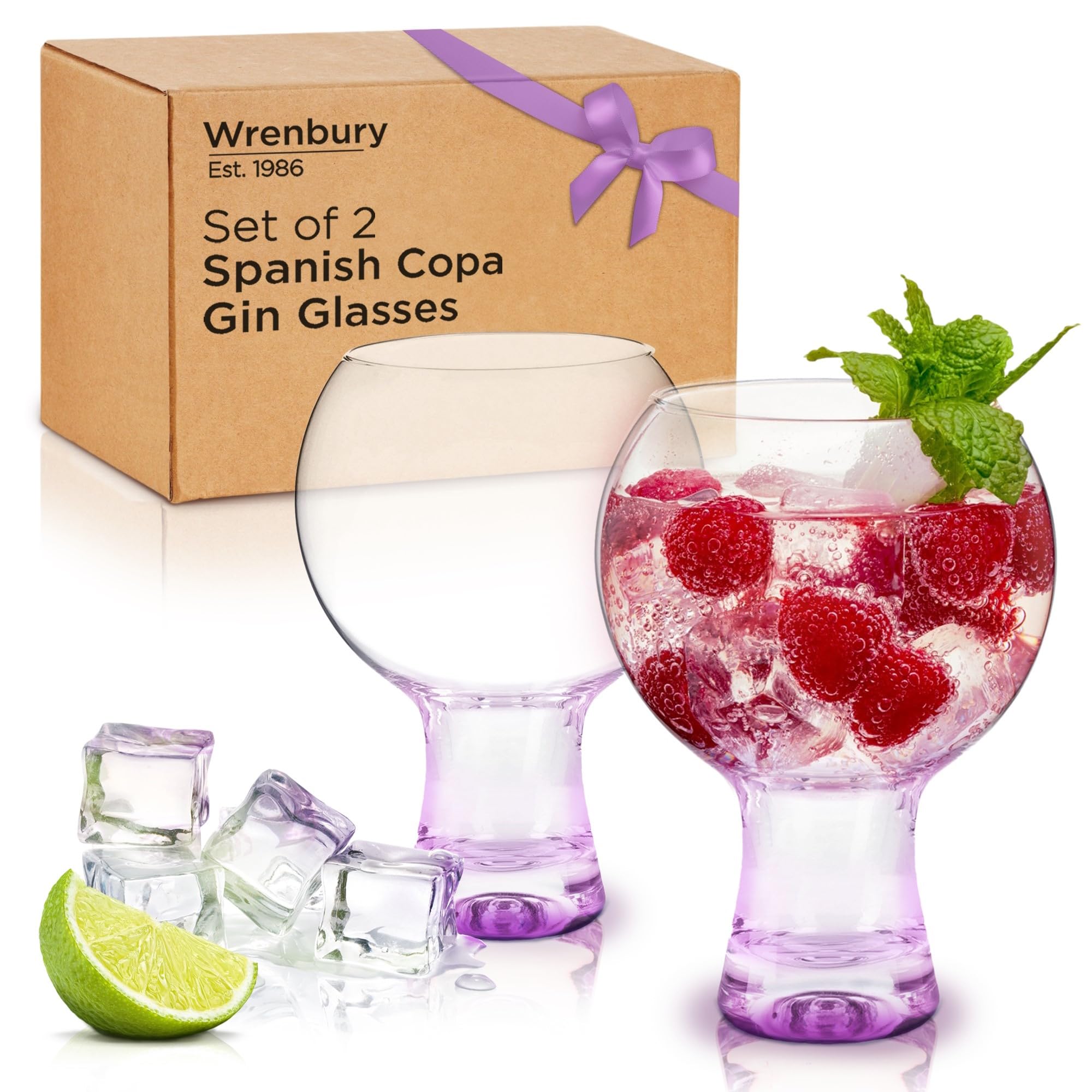 Wrenbury Unusual Gin Glasses Set of 2 - Fish Bowl Balloon Glasses 540ml - Funky Coloured Cocktail Goblets with Coloured Stems - Gin Glass Gifts for Women - Purple Tint