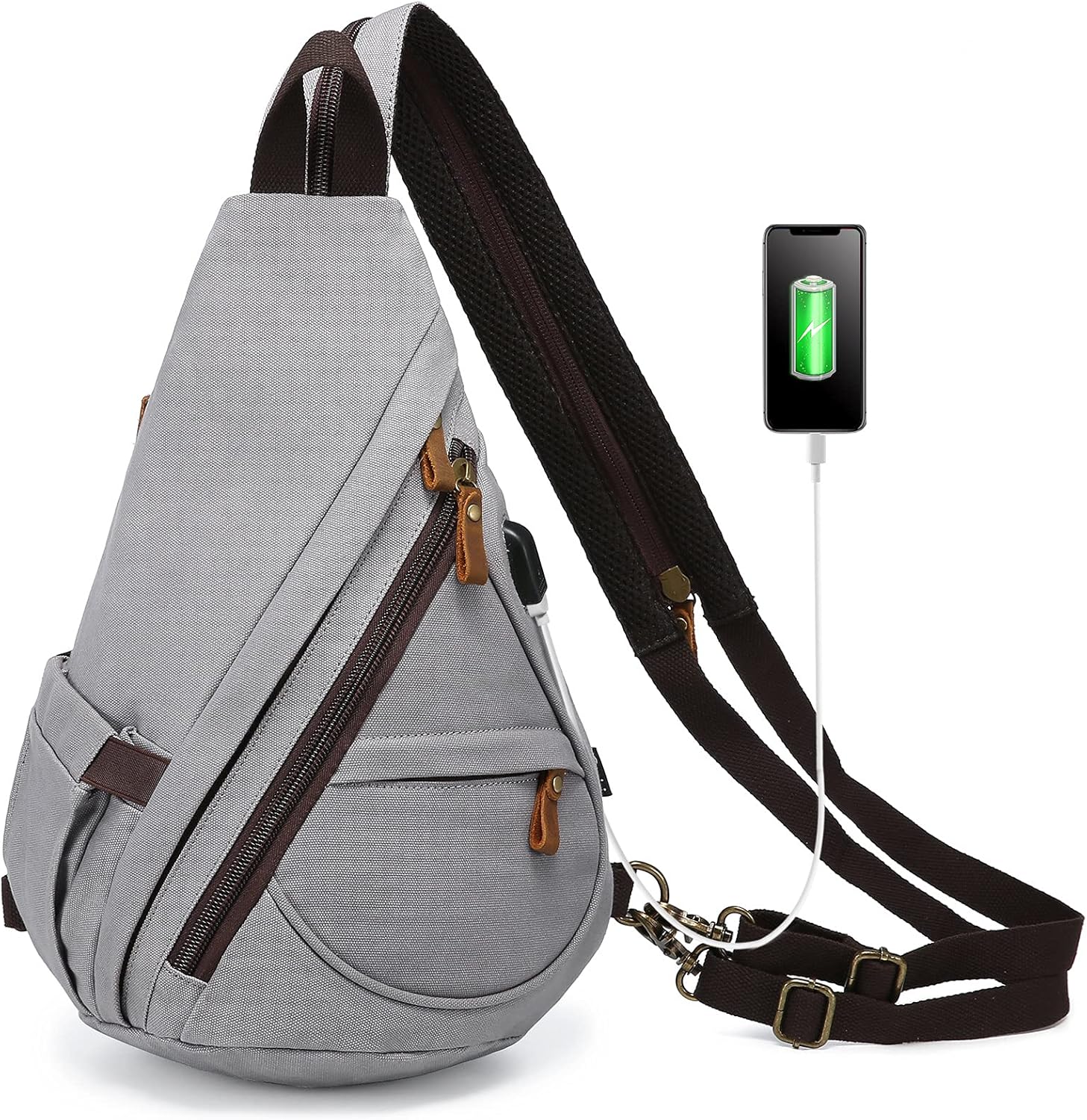 Canvas Sling Bag Backpack Crossbody Bag Backpack Chest Shoulder Bag for Men with USB Charging Port Grey