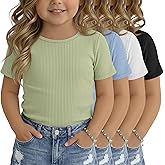 Oakgarden 4 Pack Toddler Girls' Ribbed Short Sleeve Shirts Baby Girl Cotton Crew Neck Basic Tops Casual Knit Summer Tees