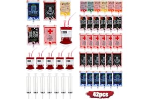 CATNEE Halloween Blood Bags Party Supplies - 42PCS Blood Bags for Drinks 35 Reusable Blood Drink Pouches +7 Syringes Party Favors, Blood IV Bags for Vampire Zombie Costume Props Halloween Party Decorations