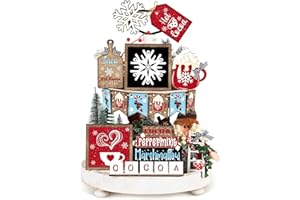 FairySandy Christmas Tiered Tray Decor Set Christmas Wooden Sign Decor Rustic Farmhouse Snowflake Cocoa Coffee Spice Blocks Winter Table Tabletop Sign for Home Xmas Shelf Coffee Bar