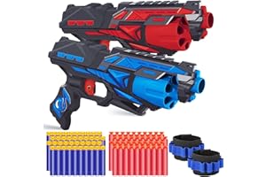 POKONBOY 2 Pack Blaster Toy Guns for Boys Fit for Nerf Guns Darts, 6-Dart Rotating Barrel Foam Bullets Hand Gun Toys with 80 Refill Darts and 2 Wristbands Gifts for 6 7 8 9 10 Years Kids Christmas