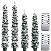 MUMCHASI 4 Pcs Flameless Taper Candles, Christmas Tree Candles with Remote, Battery Operated Candlesticks, Flickering LED Window Candlelights Real Wax Christmas Candlesticks H9.45,11.4”Green