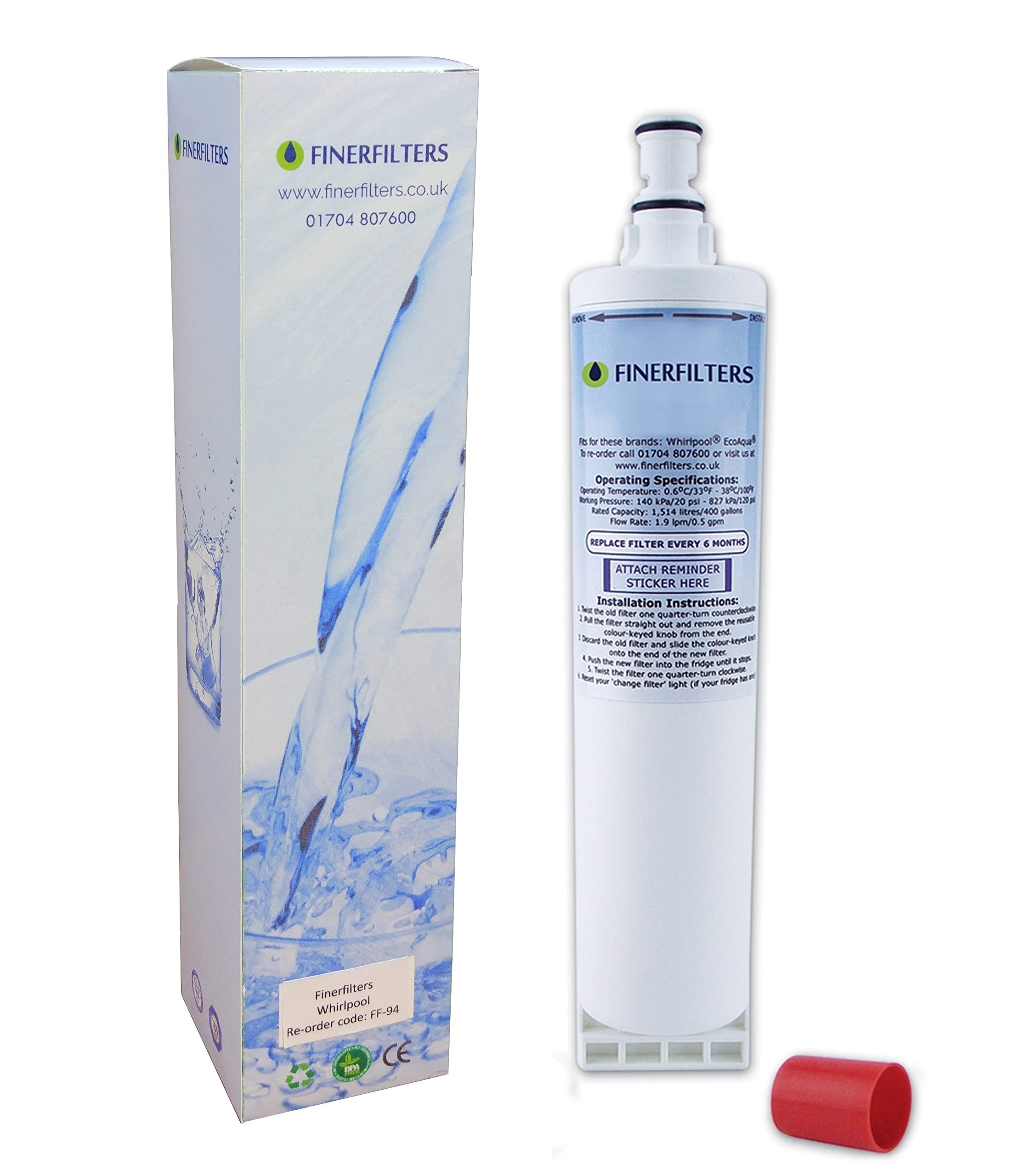 Finerfilters FF-94 Fridge Water Filter Cartridge For Whirlpool Fridge, replaces SBS002, S20BRS, 4396508, 481281729632