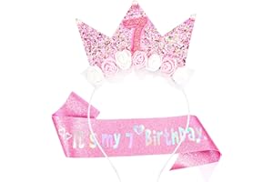 Vovii 7th Birthday Decorations for Girls, Birthday Girl Headband & Glitter Sash Set for 7 Year Old Girl Birthday Decorations, Birthday Flower Princess Crown Headband for Happy 7th Birthday Girl Outfit