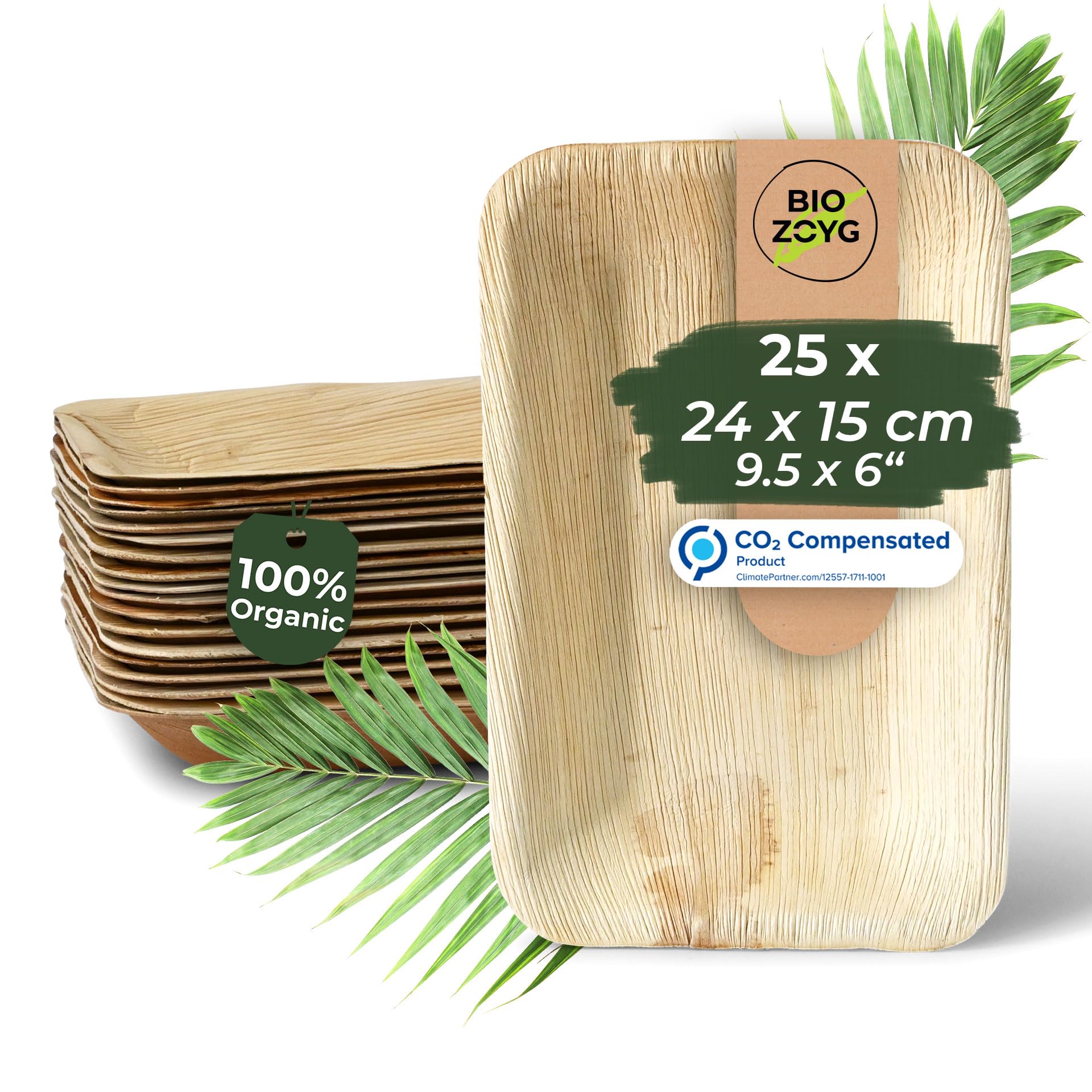 BIOZOYG 25x Palm Leaf Plates 24x15 cm - Disposable Plates Compostable, Natural - Party Tableware Palm Plates Eco-Friendly