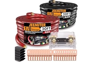 JEEMITER 1/0 Gauge CCA Wire Kit with ANL Fuse - 40ft Total (20ft Red+Black) Car Amplifier Power Ground Cable, Complete Amp Install & Big 3 Upgrade Kit