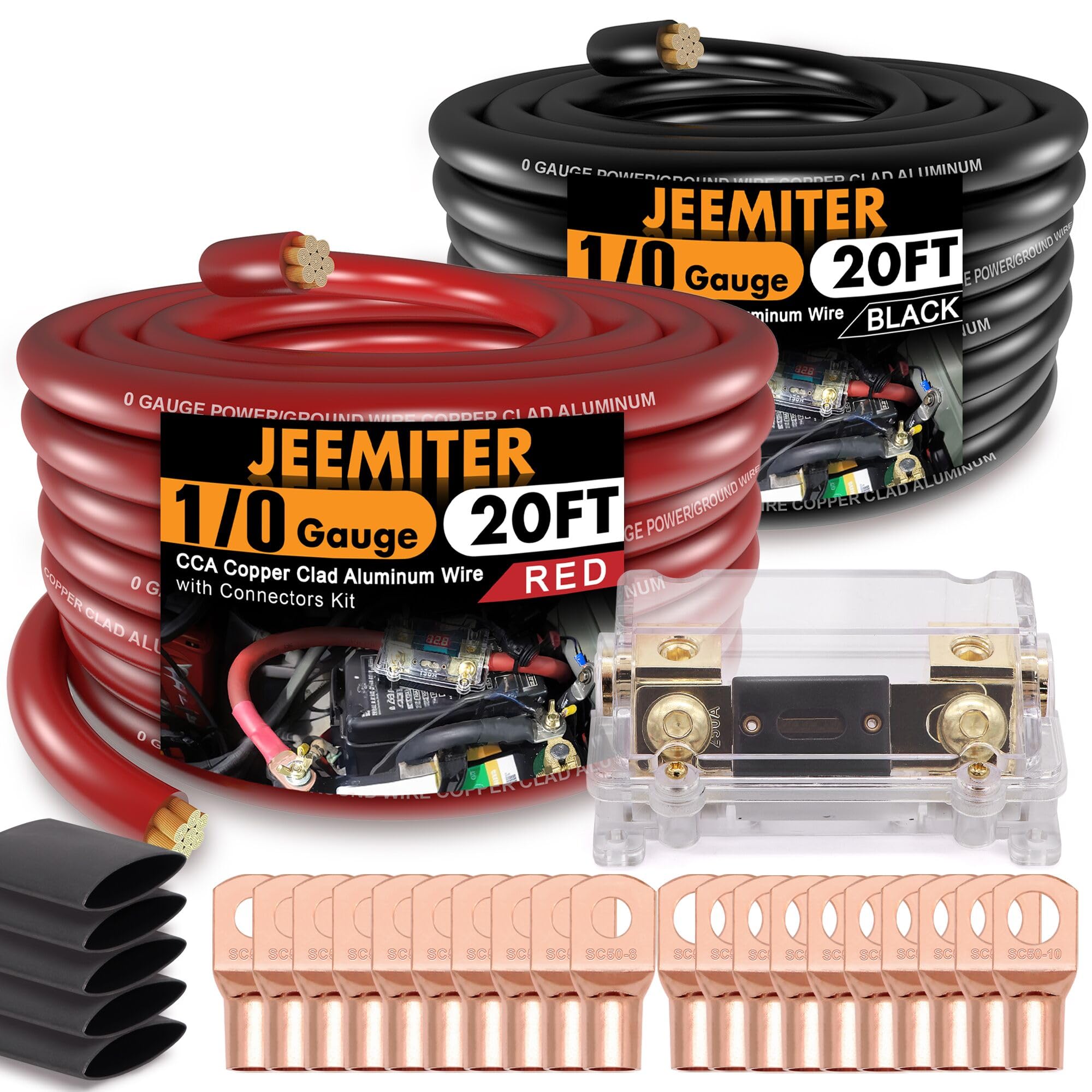 Photo 1 of 1/0 Gauge CCA Wire Kit with ANL Fuse - 40ft Total (20ft Red+Black) Car Amplifier Power Ground Cable, Complete Amp Install & Big 3 Upgrade Kit