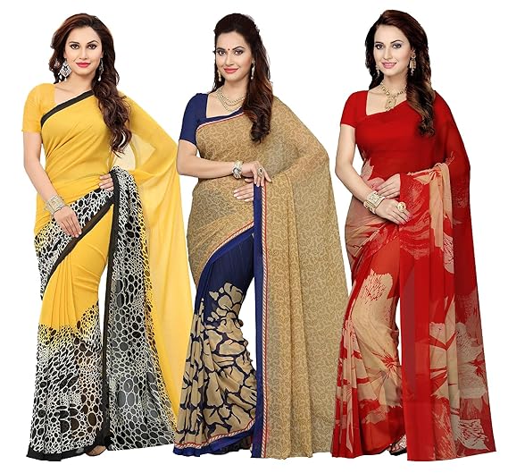 Womens Poly Georgette Printed Saree (Multicolour) - Combo of 3
